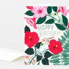 A folded birthday greeting card with a floral illustration of two frogs among pink and red flowers and green leaves, with the text "HOPPY BIRTHDAY!" on the front.