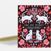 A greeting card with a black front featuring four white cats surrounded by pink and red flowers and the text "YOU ARE TOTALLY PAWSOME!".