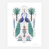 A printed art print featuring two facing peacocks surrounded by stylized plants, flowers, and dotted circular motifs, with the text "PAPIO PRESS" at the bottom right.