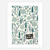 A printed art print with a repeating pattern of stylized trees and a small black-and-white log cabin near the bottom, with "PAPIO PRESS" printed at the lower right.