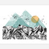 A landscape art print showing black-and-white snowy mountains and pine trees beneath translucent teal geometric mountain shapes, a pale yellow-orange sun, birds in flight, and the text "PAPIO PRESS".