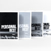 A set of four slim zines with covers labeled "PERSONAL BEST" and "volume 1," "volume 2," "volume 3," and "volume 4," in black, gray, and white designs.