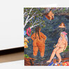 A greeting card featuring an illustrated scene of several nude people skinny dipping in a river, with one red snack bag on the lower right reading "CHEESE PUFFS".