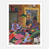 A colorful art print shows four women gathered around a large patchwork quilt in a room with a window, clock, books, and sewing tools.