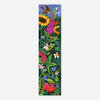A tall illustrated growth chart with a vertical white inch scale along the right edge, featuring colorful garden flowers, birds, butterflies, and a fairy among green foliage.