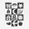 A black-and-white poster print made of twelve hand-drawn squares featuring a butterfly, mushroom, cat, leaf, moon, snail, house, flower, sun, mouse, bird, and apple, with a small "@Phoebe Wahl" signature in the lower right corner.
