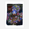 A colorful illustrated art print showing a blue-robed figure in a pointed hat standing on a stump surrounded by small fairy-like characters, mushrooms, a wagon, and glowing winged creatures in a forest scene.