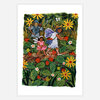A rectangular art print shows three fairy-like figures walking through dense green strawberry plants and yellow flowers, with one figure carrying strawberries and no visible text.