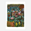 A colorful illustrated print shows a dockside scene with a chef, several small gnome-like figures, boats, lily pads, fish, a frog, and a waterside hut.