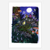 A colorful illustrated print of three small winged figures standing in a moonlit forest scene with mushrooms, flowers, rocks, and a large tree trunk.