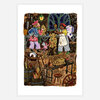 A colorful art print shows two winged fairy artisans working in a rustic workshop with tools, benches, a stool, and a small seated creature in the center.