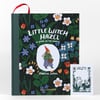 A hardcover book titled "Little Witch Hazel: A Year in the Forest" by Phoebe Wahl, with a floral cover illustration and a separate bookmark or bookplate insert that reads "This Book Belongs to:".