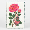 A floral postcard featuring a pink and orange rose with green leaves and a small illustrated flower fairy sitting on the stem.