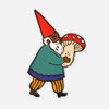 An enamel pin shaped like a gnome hugging a red-and-white mushroom, with a tall red hat, teal coat, yellow striped legs, and mismatched shoes.