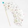 A set of translucent paper circus-themed flags on a wooden stick, printed with colorful acrobats, cyclists, and tents.