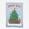 A light blue tea towel printed with the text "MERRY YULE" above a decorated Christmas tree, birds, and small figures in red winter clothing.