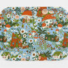 A rectangular tray with rounded corners featuring a colorful illustrated pattern of mushroom houses, flowers, trees, birds, and small people on a blue background.