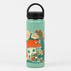 A mint green water bottle with a black screw-on lid and carrying handle, decorated with a colorful illustrated village scene of mushroom-shaped houses, flowers, and small figures.