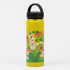A yellow water bottle with a black screw-on lid and handle, decorated with a colorful floral garden pattern.
