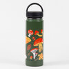 A green insulated water bottle with a black handle lid and a forest fungi illustration featuring mushrooms, leaves, and a small butterfly.