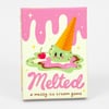 A pastel game box labeled "Melted" with the subtitle "a messy ice cream game," featuring a smiling melting ice cream scoop with a waffle cone hat and a cherry.