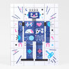 A colorful numbered print showing a stylized blue robot with a smiling face, heart on its chest, geometric shapes, and scattered starburst and line motifs.