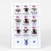 A sheet of decorative stamps shows nine different patriotic designs with small U.S. flags and eagle illustrations, including the phrases "We the People. Since 1776," "NO KINGS. Since 1776," "Resisting Tyranny. Since 1776," "LIBERTY for all. Since 1776," "Antifascist. Since 1776," "JUSTICE for all. Since 1776," "DEMOCRACY. Since 1776," "Declaring Independence. Since 1776," and "INDIVISIBLE. Since 1776."
