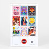 A sheet of ten colorful adhesive stamps featuring illustrated social-justice themed designs and readable phrases including "EDUCATE YOURSELF," "TAKES PRACTICE," "REIMAGINE," "THE SUN WILL SHINE," "Stronger together," and "ENVISION PEACE," plus an AMPIFIER logo and QR code at the bottom.