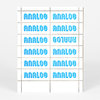 A sheet of blue decorative stamps printed with the word "ANALOG" repeated in a grid, with one inverted upside down.