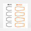 A sheet of coffin-shaped outline stamps in black and orange, each with a double-line border and small Portland Stamp Company logos at the top.