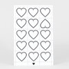 A sheet of heart-shaped stamp designs with black double-outline hearts arranged in a grid, plus one small solid black heart at the bottom.
