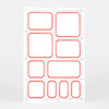 A sheet of blank white labels with red double-line beveled rectangular borders in multiple sizes.
