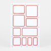 A sheet of blank white labels with red rounded-rectangle borders in multiple sizes arranged in a grid.