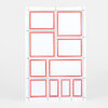 A sheet of blank labels with multiple red-bordered rectangular label shapes in different sizes arranged in a grid and separated by dotted perforation lines.