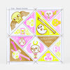 A square printed card or stamp sheet with a geometric grid of triangles filled with neon pink, yellow, gold, and white skull and wing motifs, including the text "51100 BRANDY BINGHAM" and "MEMENTO MORI".