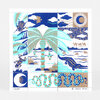 A square art print or stamp collage featuring a central palm tree, camels, crocodiles, birds, clouds, moons, and a snake in blue, turquoise, and gold tones, with "26/100" and the signature "Claire Colin" visible at the bottom.