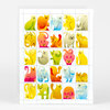A sheet of colorful cat-themed stamps arranged in a grid, each stamp showing a different stylized cat illustration in bright gradients.