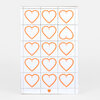 A sheet of orange outlined heart stamps arranged in a grid, with one upside-down heart shape and a small orange heart near the bottom.