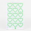 A sheet of sixteen neon green heart stamp designs arranged in a grid, with one heart-shaped design appearing upside down and a small green heart near the bottom edge.