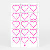 A sheet of pink heart stamps with multiple outlined heart designs arranged in a grid and one small solid heart near the bottom.