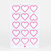 A sheet of pink outlined heart stamps arranged in a grid, with one small solid pink heart near the bottom center.
