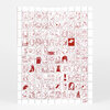 A sheet of small red line-art stamps with many square cat and rabbit designs, including a few solid red blocks and visible text such as "sniffling," "snacks," "sleep," "say," "ur ok," and "AUTOMATIC NEGATIVE."