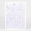 A sheet of small square stamp-style illustrations in pale blue line art, featuring many whimsical cats, moons, stars, mushrooms, plants, and other fantasy motifs arranged in a grid with a few tiny handwritten words.