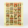 A sheet of 16 vintage-style cat-themed stamp designs with red, cream, and black panels, each featuring illustrated cats, drinks, and bold captions such as “IT SEEMED LIKE THE PERFECT IDEA AT THE TIME,” “NO THANK YOU I’M JUST DRINKING MILK TONIGHT,” and “CHEERS FRIEND!”.