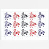 A sheet of postage stamps featuring a cartoon postal worker and the words "DUMP DE JOY!" repeated in navy blue, red, and black designs.