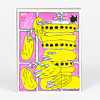 A hand-drawn art print with a pink grid background, featuring several stacked yellow abstract creature-like shapes outlined in black with white and black details, plus the visible text "2019" and "51/100" in the upper left.