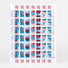 A sheet of colorful voting-themed postage stamps with repeated designs reading "VOTE," "YOUR VOTE YOUR VOICE," and "TU VOTO TU VOZ" in red, blue, black, and white.