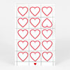 A sheet of red outlined heart stamps arranged in a dotted grid, with one upside-down heart in the second row and a small solid red heart near the bottom.