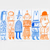A rectangular print showing a grid of stylized blue and orange line-drawn people in hats and patterned clothing.