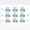 A sheet of repeating stamp-style designs reading "I PDX" in black serif text with a light blue raindrop over each I and small blue raindrops and a yellow sun icon in the margins.